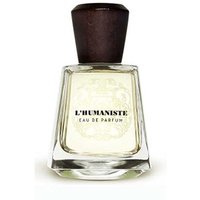 Clear glass bottle with dark wooden cap, labeled "L'Humaniste Eau de Parfum" by Frapin, 100 ml men's aromatic perfume.