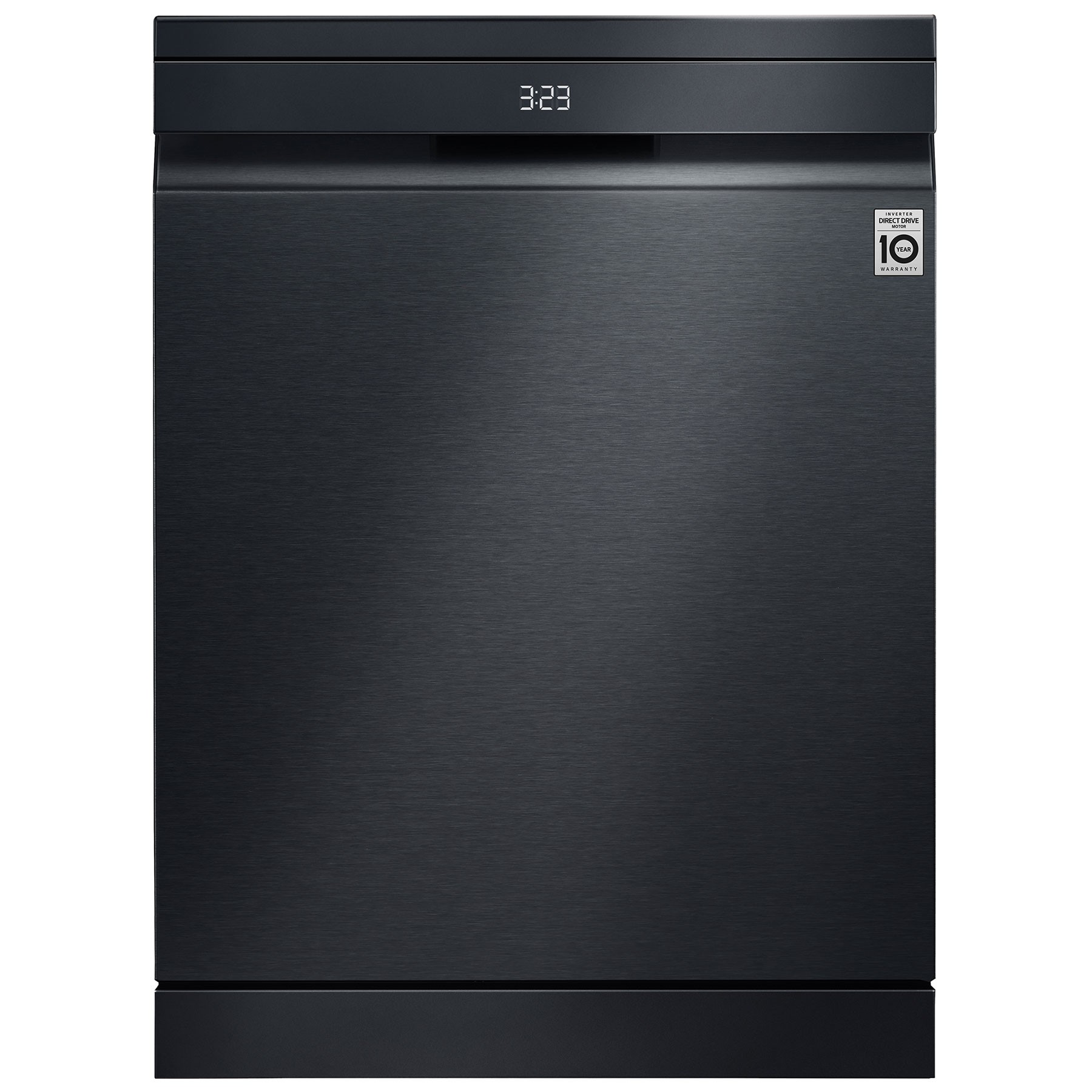 LG DF587HMS 60cm black dishwasher features a sleek stainless steel finish, 14 place settings capacity, A-rated energy efficiency, and Wi-Fi connectivity with a digital display.