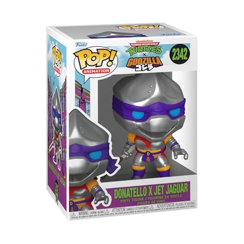 Collectable vinyl figure featuring Donatello in a silver and purple suit, combining elements of Jet Jaguar, inside a colorful Funko Pop! box with a clear front.
