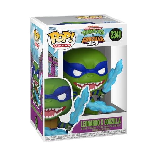 Collectible vinyl figure featuring a green-skinned turtle with blue mask and weapons, inside a colorful box showcasing "Leonardo X Godzilla" branding.