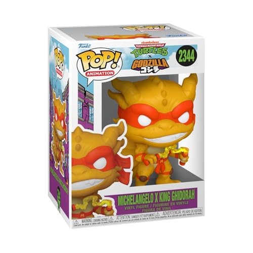 Collectable vinyl figure featuring Michelangelo in orange mask and King Ghidorah with golden scales, packaged in a colorful box with Turtles and Godzilla branding.