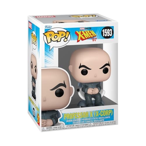 Collectable vinyl figure of Professor X from X-Men '97, featuring a bald head, seated pose, and dressed in a black suit, packaged in a colorful box with the Funko Pop! logo.