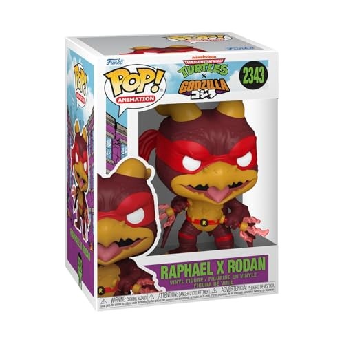 Collectible vinyl figure featuring Raphael as Rodan, with red and yellow colors, detailed wings, and a fierce expression, packaged in a branded Funko Pop! box.