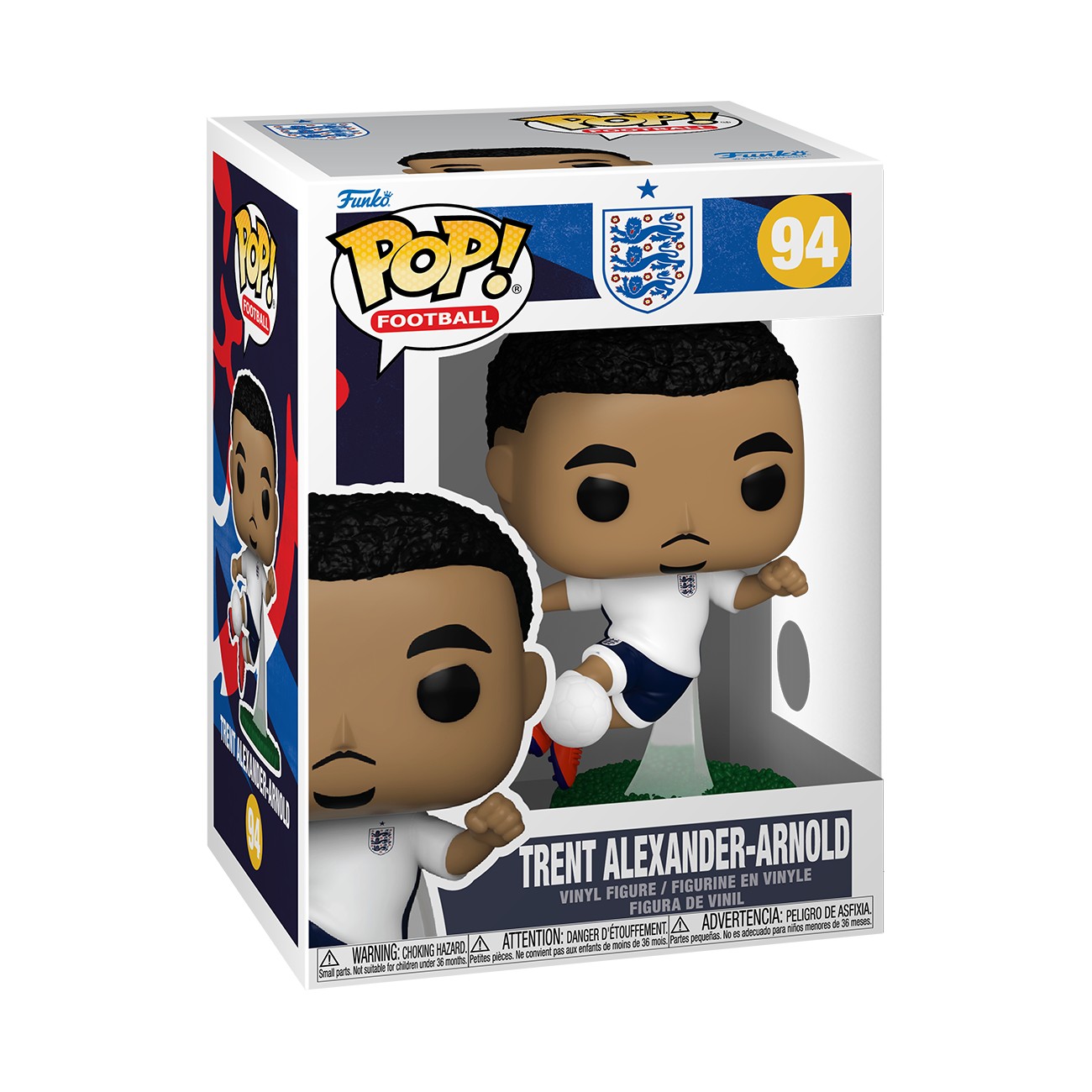 Trent Alexander-Arnold Funko POP Vinyl figure, featuring a stylized black figure in an England football kit, with short hair and a determined expression, in a colorful box.