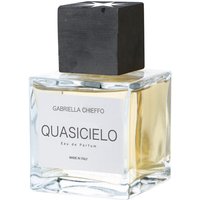 Clear glass bottle with black square cap, labeled "Gabriella Chieffo Quasicielo Eau de Parfum" containing light amber liquid.