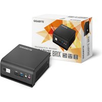 Black Gigabyte mini PC with USB ports, power button, and ventilation, next to branded packaging box.