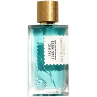 Clear glass bottle with turquoise liquid, gold cap, and white label reading "Pacific Rock Moss" by Goldfield & Banks.
