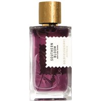 Clear glass bottle with purple liquid, gold cap, and white label reading "Southern Bloom" by Goldfield & Banks.