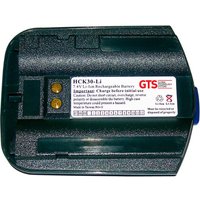 Black GTS HCK30-LI barcode reader battery with label, gold connectors, and blue release tab.