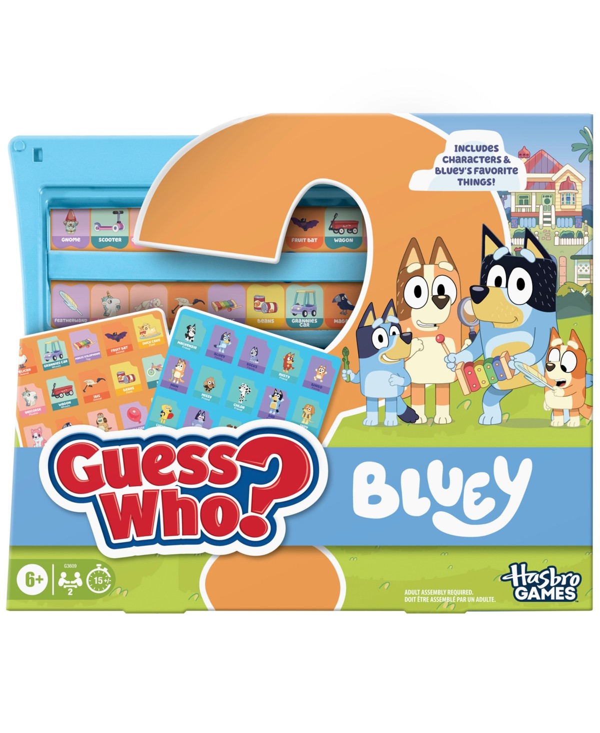 Guess Who? Bluey Edition game features a colorful box with a blue background, orange question mark, and images of Bluey characters on the game boards and cards.