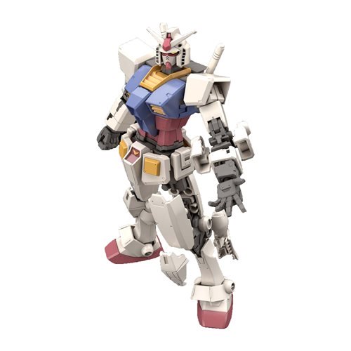 RX-78-2 Gundam model in white, blue, and red, featuring articulated joints, detailed armor plating, and a distinctive head with antennae and a crest.