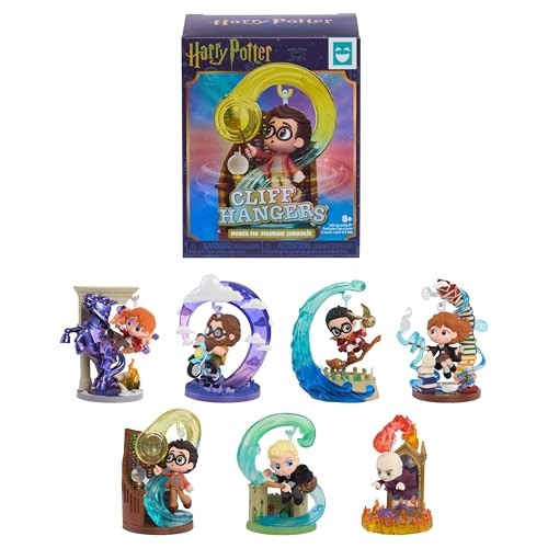Colorful Harry Potter™ Cliff Hangers figures in various poses, each 2 inches tall, displayed with a surprise collectible box featuring whimsical designs and a display stand.
