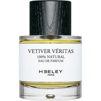 Clear glass bottle with black cap, Heeley Vetiver Veritas Eau de Parfum label, 50 ml, unisex floral fragrance.