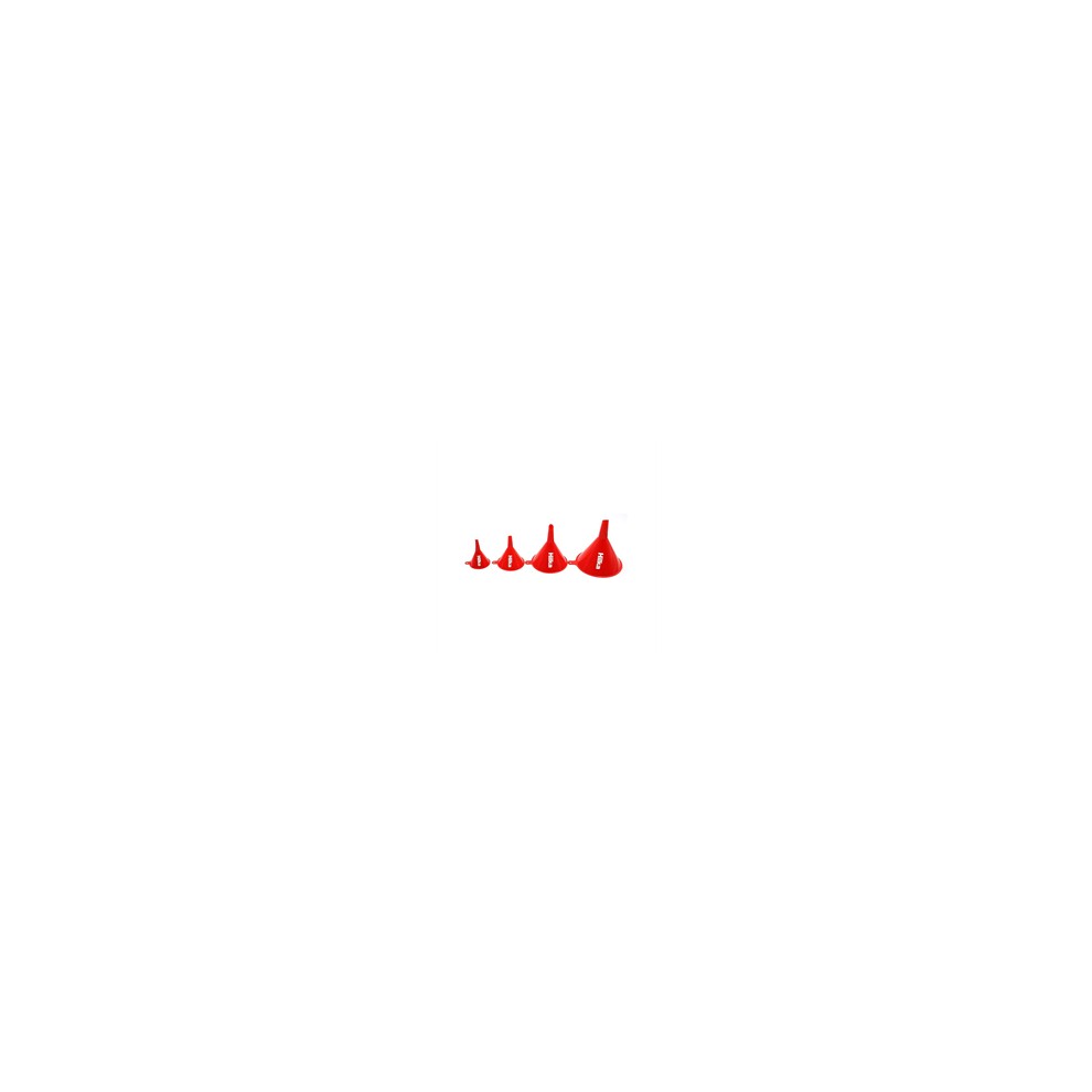 Four red plastic funnels in varying sizes, ranging from 55mm to 125mm, designed for pouring liquids, featuring a wide spout and a tapered design for easy handling.