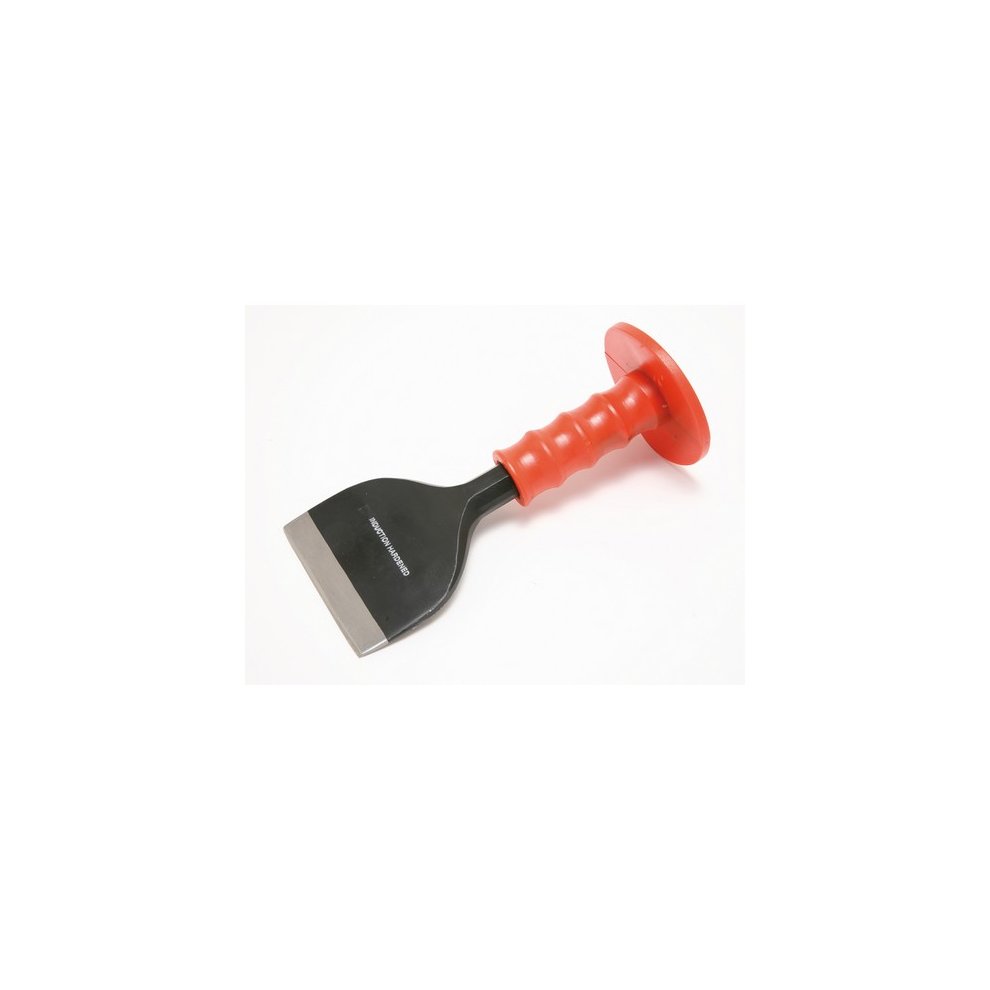 100mm brick bolster with a black steel blade and a bright red rubber grip handle, designed for masonry work and precise cutting.