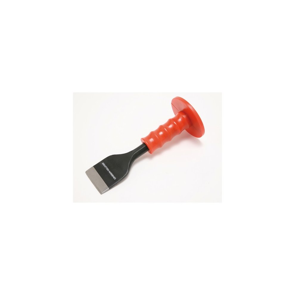 2.25-inch electricians bolster with a black metal blade and a red rubber grip handle, designed for precision and comfort in electrical work.
