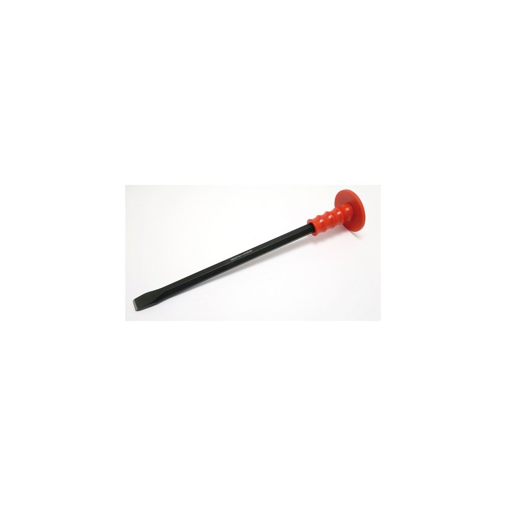 Cold chisel with a 3/4" wide blade and 18" long black steel shaft, featuring a red rubber grip handle for improved control and comfort during use.