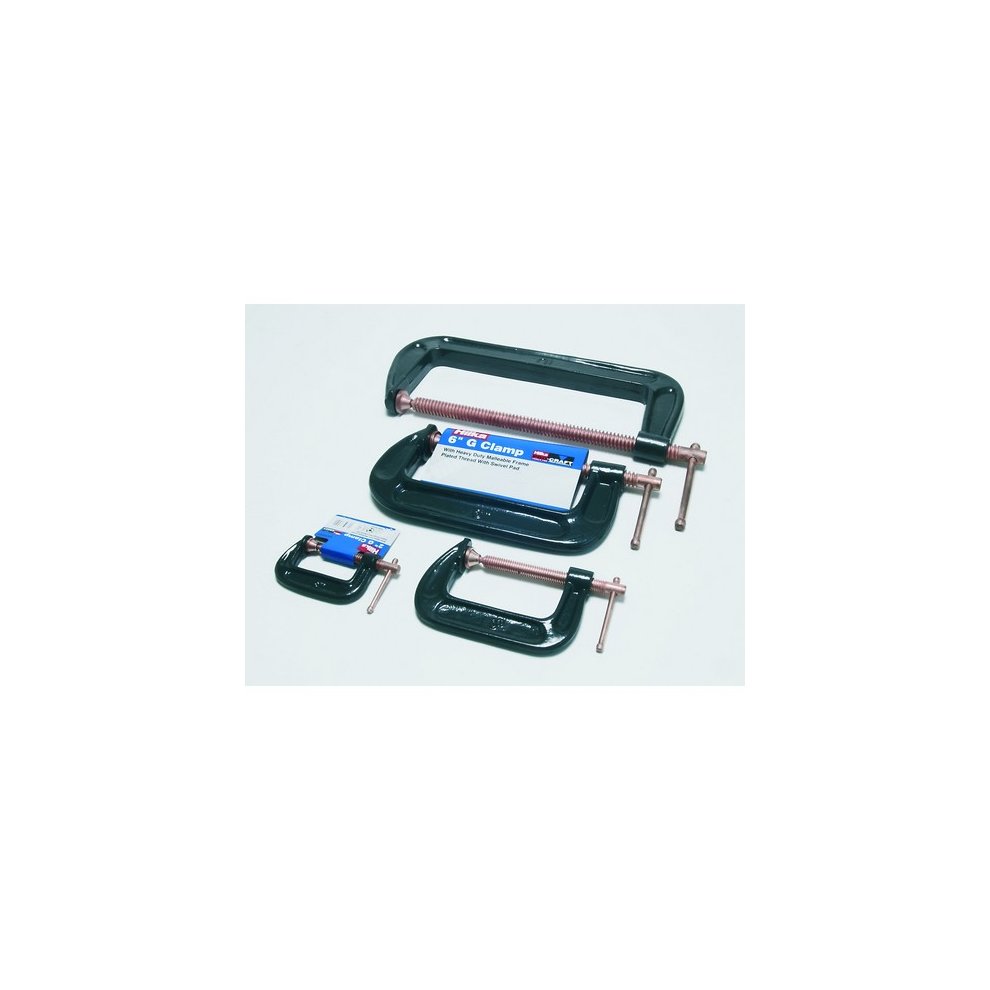 Heavy duty 6-inch (150mm) G clamp by Hilka Tools, featuring a sturdy black body, metal screw mechanism, and a rubberized grip for secure clamping.