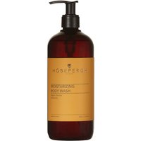 Amber bottle with black pump, yellow label reads "Hobe Pergh Moisturizing Body Wash 500 ml" in black text.