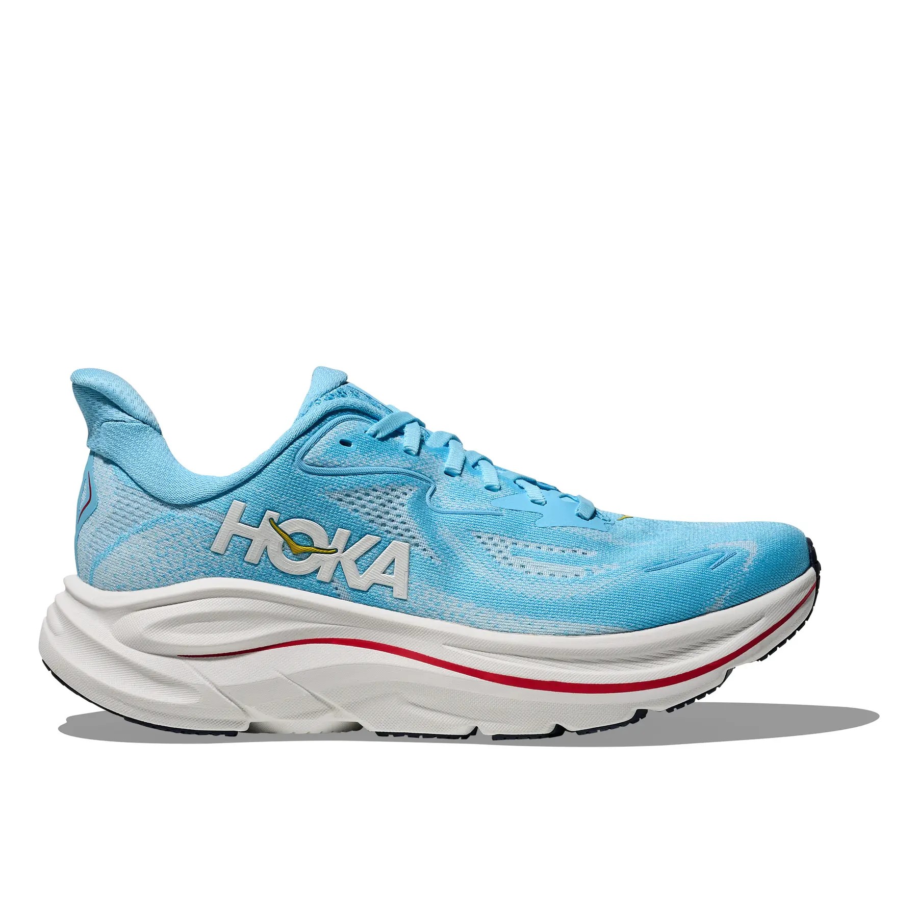 Women's HOKA Clifton 10 running shoes in Soaring Blue and Frost, featuring a breathable mesh upper, cushioned midsole, and a distinctive HOKA logo on the side.