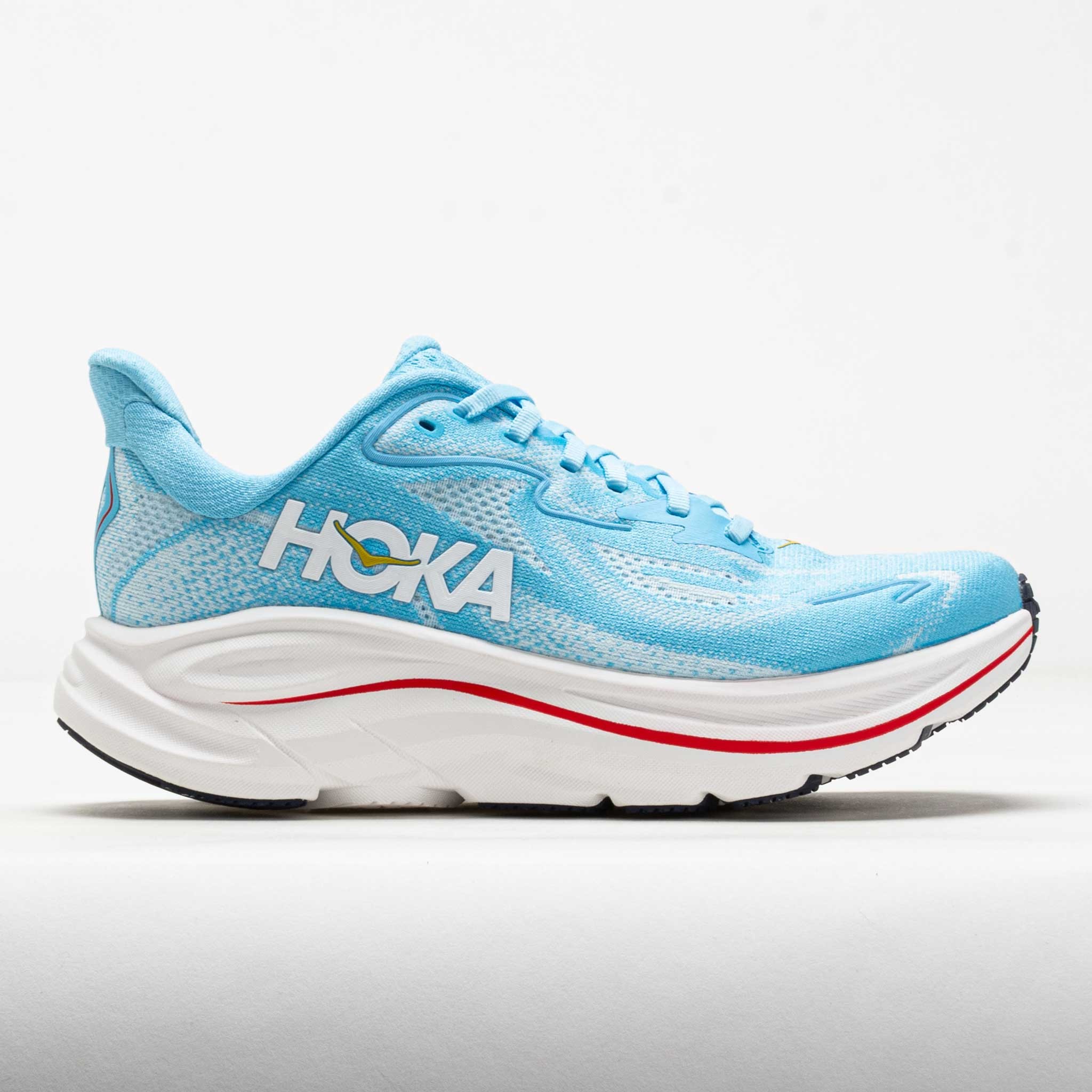 Women's HOKA Clifton 10 running shoes in Soaring Blue and Frost, featuring a breathable mesh upper, cushioned midsole, and a sleek design with a prominent HOKA logo.