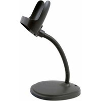 Black Honeywell barcode reader holder with curved neck and round base, designed for secure device placement.