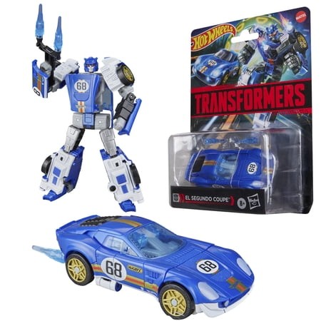 Blue and white action figure resembling a robot, holding two blue weapons, alongside a matching blue sports car with the number 68, packaged in a colorful box featuring Transformers branding.