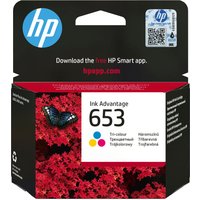 HP 653 tri-color printhead cartridge box with butterfly image, red and black design, 200 pages, 5ml capacity.