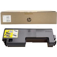 Black HP 6SB84A toner waste box with yellow label, rectangular shape, next to a brown HP branded cardboard box.