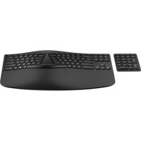 Black HP 965 Ergonomic Wireless Keyboard with curved design and separate numeric keypad.
