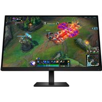 27-inch HP OMEN QHD gaming monitor with thin bezels, displaying a vibrant video game scene, on a square stand.