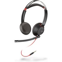 HP Poly Blackwire 5220 headset with black ear cups, red accents, adjustable headband, and 3.5mm audio jack.