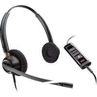 Black HP Poly Hedse EncorePro 525 headset with cushioned ear pads and inline control panel.