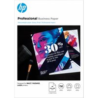 HP glossy business paper pack, A4 size, 180 g/m2, 150 sheets, with vibrant print sample on cover.