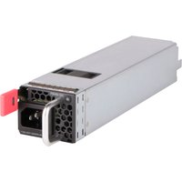 Rectangular HPE JL592A network switch power supply, silver casing, black front panel with ventilation holes and red latch.