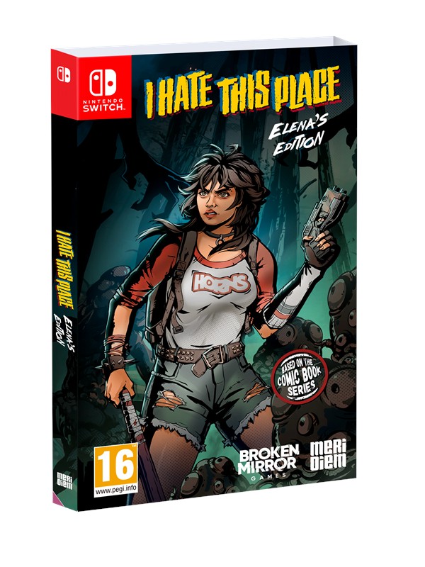 Cover art featuring a woman with dark hair and a gun, wearing a "HOPS" shirt and distressed shorts, set against a vibrant, stylized background, labeled "I Hate This Place - Elena's Edition."