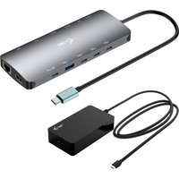 Sleek gray i-tec USB-C dock with 2 HDMI ports, 1 USB-C video port, and power delivery, accompanied by a black power adapter.