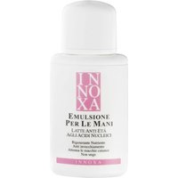 White bottle of Innoxa Anti Aging Hands Emulsion, pink label, 120 ml, with screw cap.