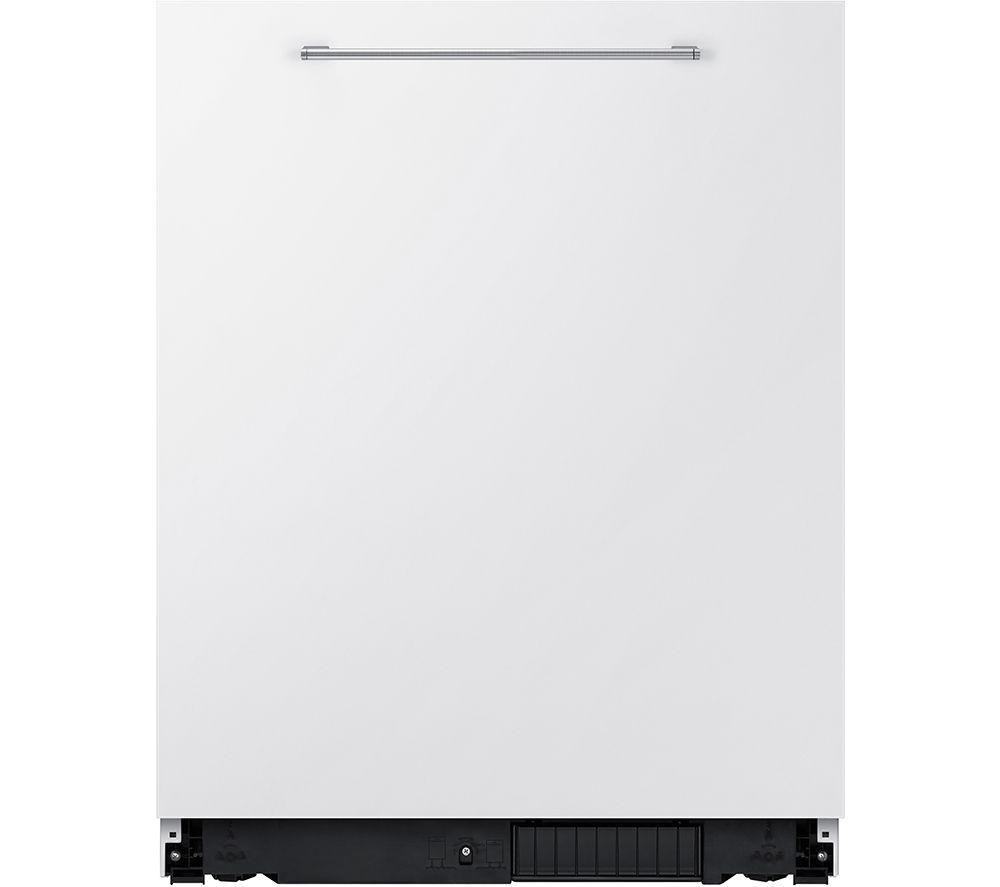 Samsung Integrated Dishwasher in sleek white finish, featuring a stainless steel handle, designed for 14 place settings with an auto door open function for optimal drying.