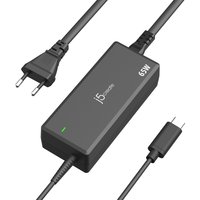 Black j5create 65W PD USB-C power adapter with EU plug, rectangular design, and green LED indicator.