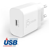 White j5create 20W PD USB-C wall charger with European plug and compact design.