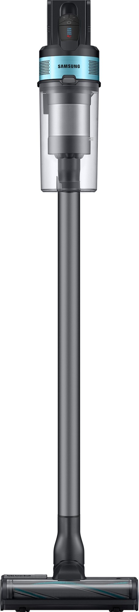 Samsung Jet 75E Pet Cordless Stick Vacuum Cleaner features a sleek black and teal design, a transparent dustbin, and a powerful 200W motor, ideal for pet hair removal.