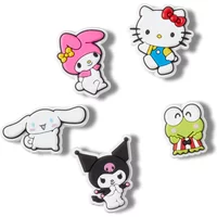 Hello Kitty Jibbitz set of 5 for Crocs, featuring Hello Kitty, My Melody, Cinnamoroll, Kuromi, and Keroppi characters.