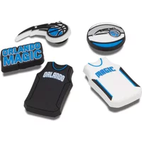 Orlando Magic-themed Jibbitz set for Crocs, featuring logo, jerseys, and team name in blue, black, and white.