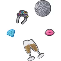 Jibbitz Crocs charms set with disco ball, champagne glasses, lips, diamond, and "Happy New Year" headband designs.