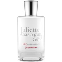 Clear glass bottle with silver cap, labeled "Juliette has a Gun Not a Perfume Superdose" in gray and red text.