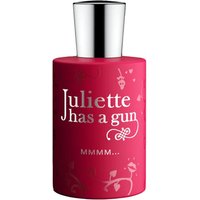 Red cylindrical perfume bottle with silver cap, labeled "Juliette has a Gun" and "MMMM..." in white text.