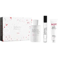 Juliette has a Gun Not a Gift Set with white perfume bottle, travel spray, and lotion tube in speckled box.