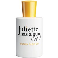 White bottle of Juliette has a Gun Sunny Side Up perfume with yellow cap and black text.
