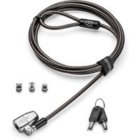 Black Kensington ClickSafe 2.0 laptop lock with silver lock head, three adapters, and two black keys.